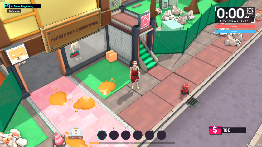 The player, standing outside their shop in Please Buy Something (now Saleblazers).